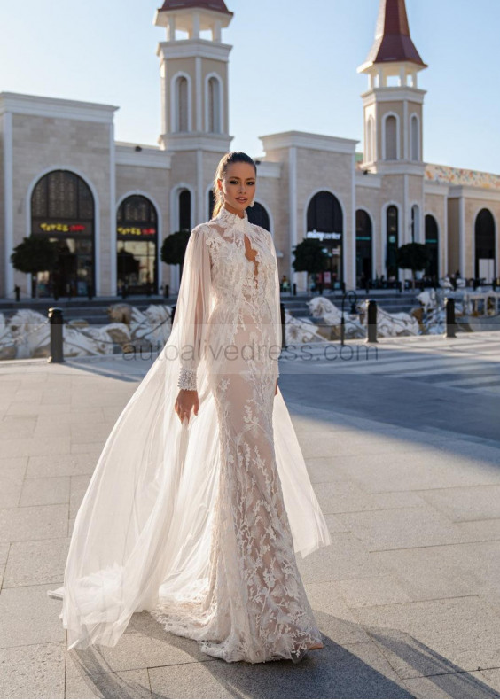 Beaded Ivory Lace Tulle Wedding Dress With Cape